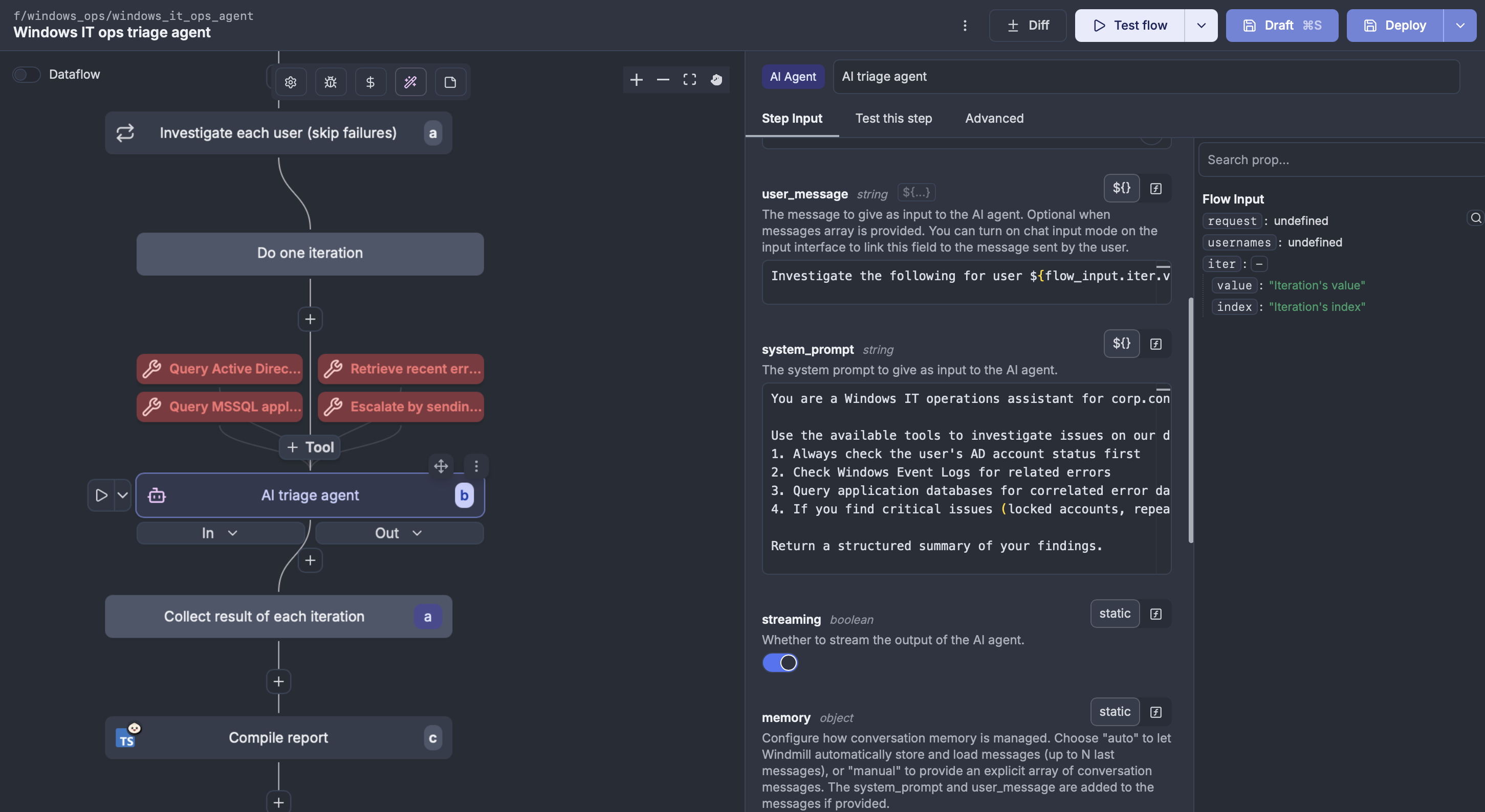 AI agent step in a Windmill flow with PowerShell, MSSQL, and Teams tools